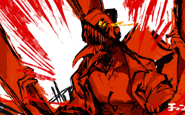4K Ultra HD anime desktop wallpaper featuring Denji from Chainsaw Man in a dynamic, blood-splattered action pose.