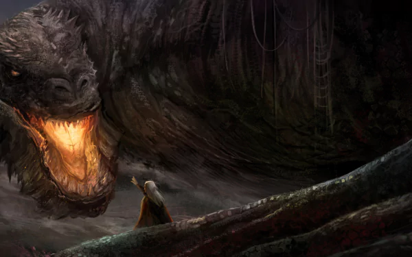 HD PC desktop wallpaper — TV show House of the Dragon: lone figure faces a massive dragon with a glowing, fiery maw in a shadowed, cavernous landscape.