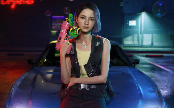 Playerunknown's Battlegrounds video game character leaning against a car in neon night, holding a pink gun — 4K Ultra HD PC desktop wallpaper/background.