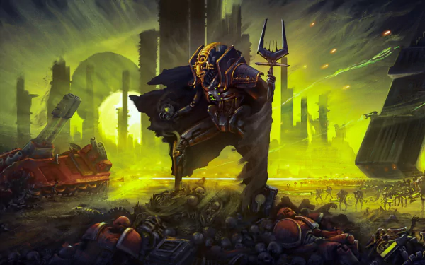 HD PC desktop wallpaper of a towering Necron overlord from Warhammer 40k, commanding skeletal legions amid a glowing green ruined city — video game Warhammer 40k background.