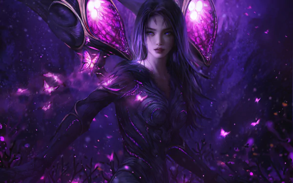 Kai'Sa from League of Legends is depicted in a striking 4K Ultra HD wallpaper, surrounded by a mesmerizing purple background and ethereal butterflies, showcasing her fierce presence.