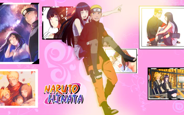 4K Ultra HD PC desktop wallpaper of manga/anime Naruto featuring Naruto Uzumaki and Hinata Hyuga on a pink background with framed manga panels — Naruto & Hinata.