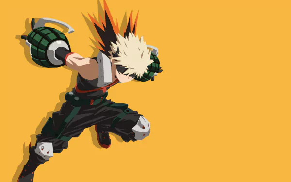4K Ultra HD anime wallpaper featuring Katsuki Bakugou from My Hero Academia in dynamic action pose against a bold orange background.