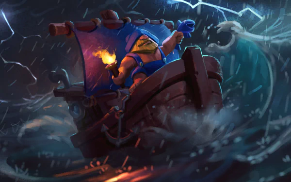 Clash Royale video game 2K Quad HD PC desktop wallpaper: bearded fighter in a small boat holding a torch as waves and lightning crash around him.