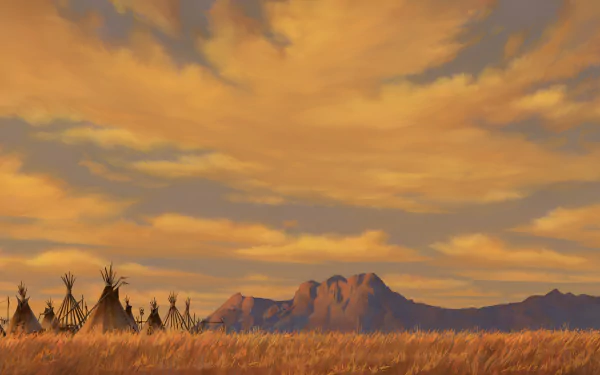 4K Ultra HD PC desktop wallpaper from the movie Spirit: Stallion of the Cimarron — golden prairie at sunset with distant mesas and Native American tipis beneath a painted sky.