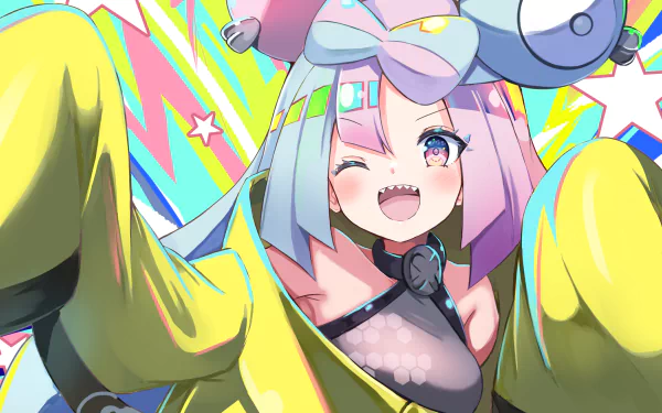 HD PC desktop wallpaper of Iono (Pokémon) from Pokémon: Scarlet and Violet — energetic winking close-up with pastel hair, oversized yellow jacket and colorful starburst background, video game art.