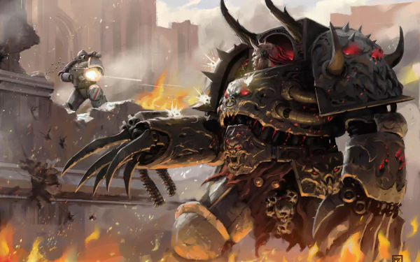 4K Ultra HD Warhammer 40k PC desktop wallpaper depicting a fierce armored warrior clashing in a fiery, war-torn battlefield with futuristic combat elements.