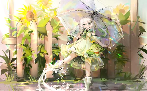 Nahida from Genshin Impact stands with an umbrella in a sunlit garden, captured in vibrant 4K Ultra HD for a striking video game desktop wallpaper.