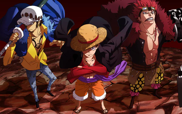 Eustass Kid, Monkey D. Luffy, and Trafalgar Law from One Piece stand ready in this vibrant 4K Ultra HD anime desktop wallpaper.