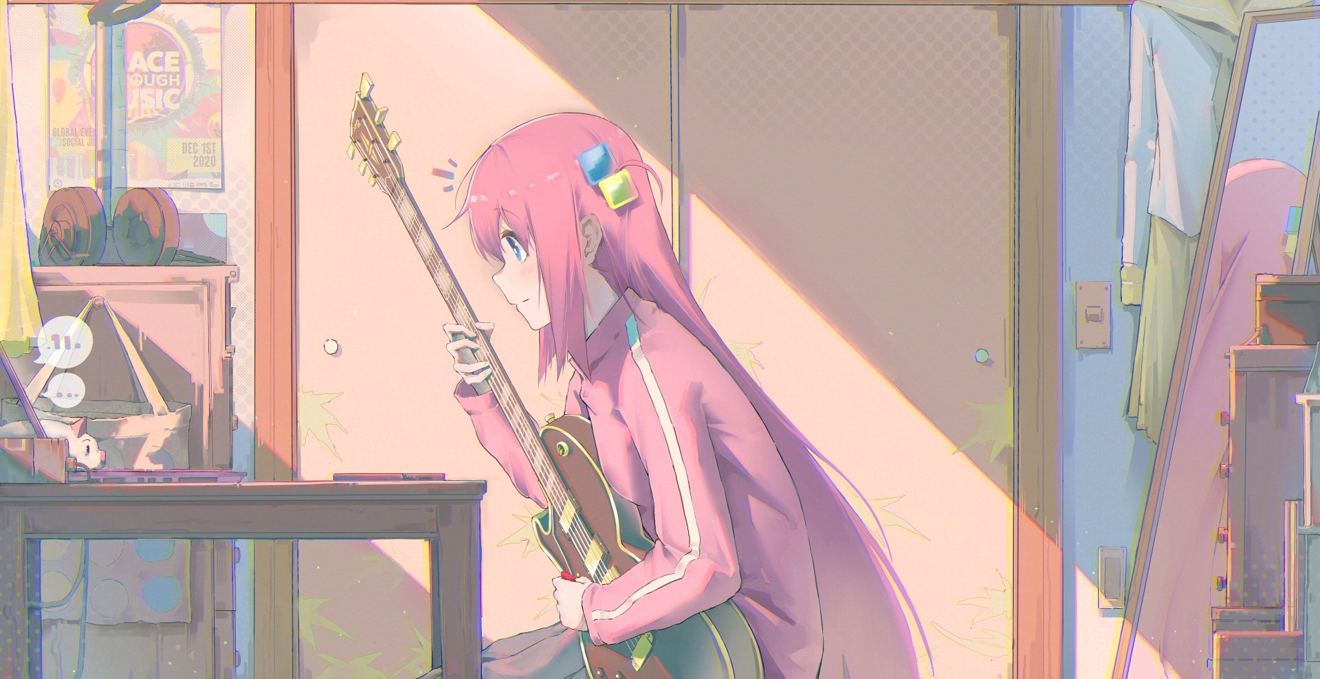 5K Ultra HD PC desktop wallpaper of Hitori Gotou from Bocchi the Rock! Pink-haired anime girl seated holding a guitar in a sunlit, pastel-toned room.