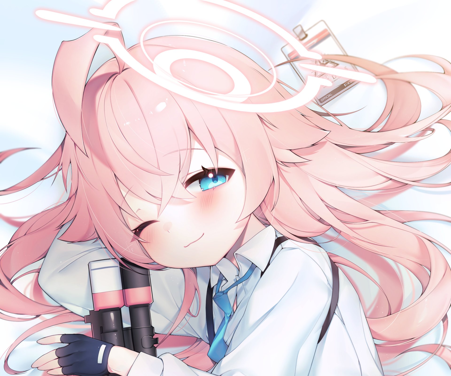 HD PC desktop wallpaper featuring Takanashi Hoshino from the video game Blue Archive with soft pink hair and a gentle expression.