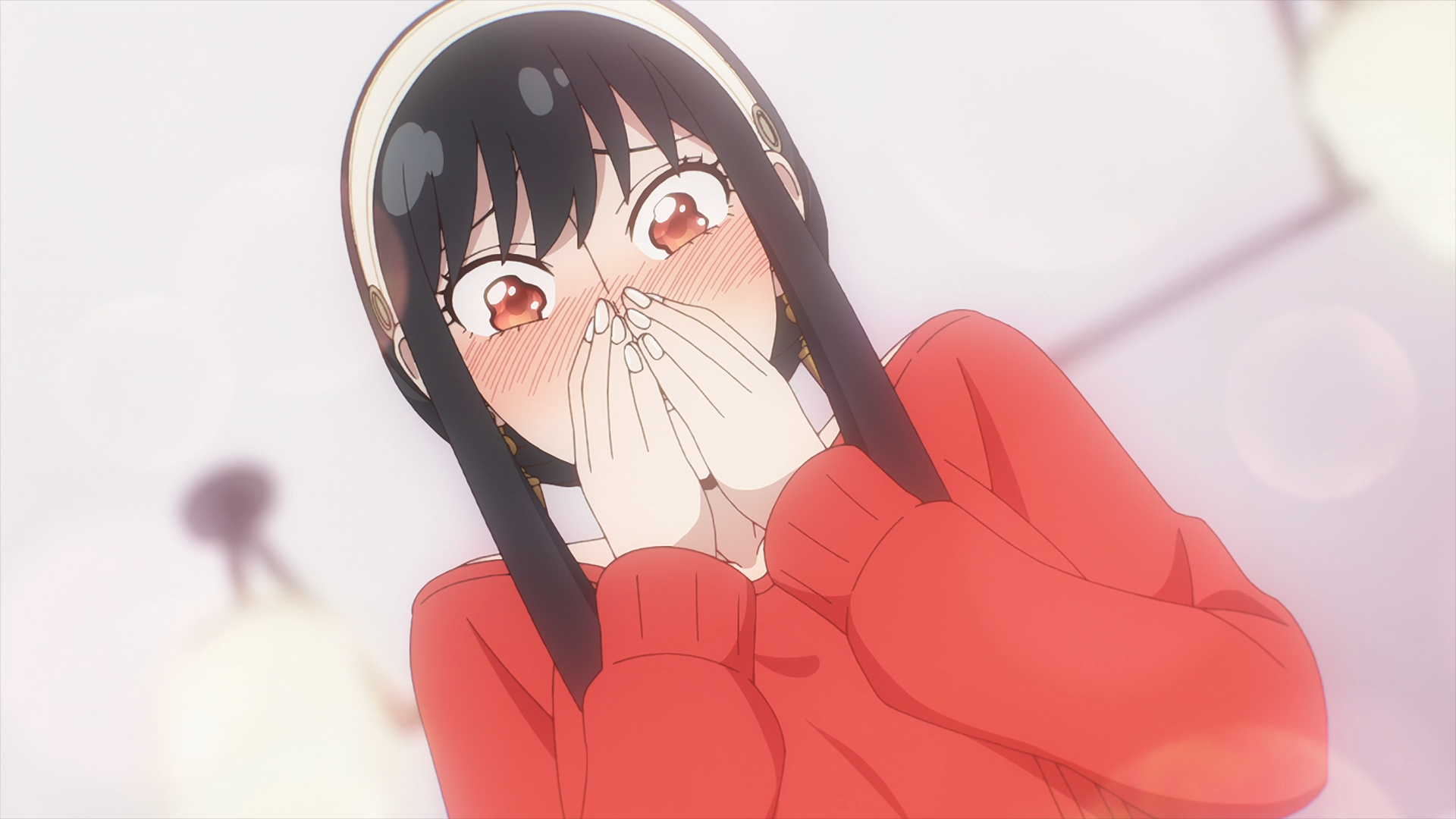 HD anime wallpaper featuring Yor Forger from Spy x Family, showing her blushing with hands near her face in a softly lit background.