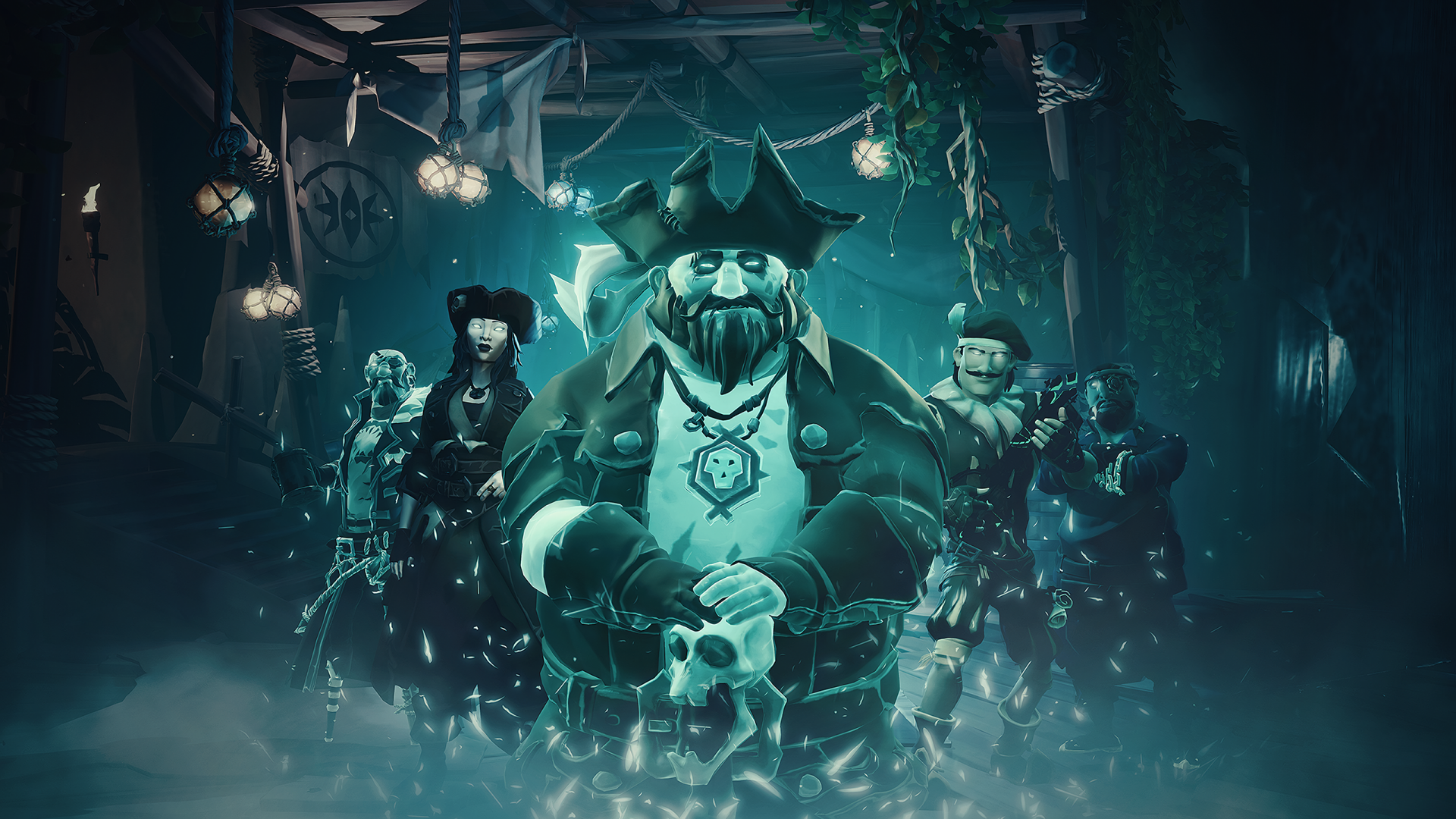 Sea of Thieves video game 2K Quad HD PC desktop wallpaper/background: ghostly pirate captain and crew in a teal-lit ship hold, skulls, hanging lanterns and drifting mist.