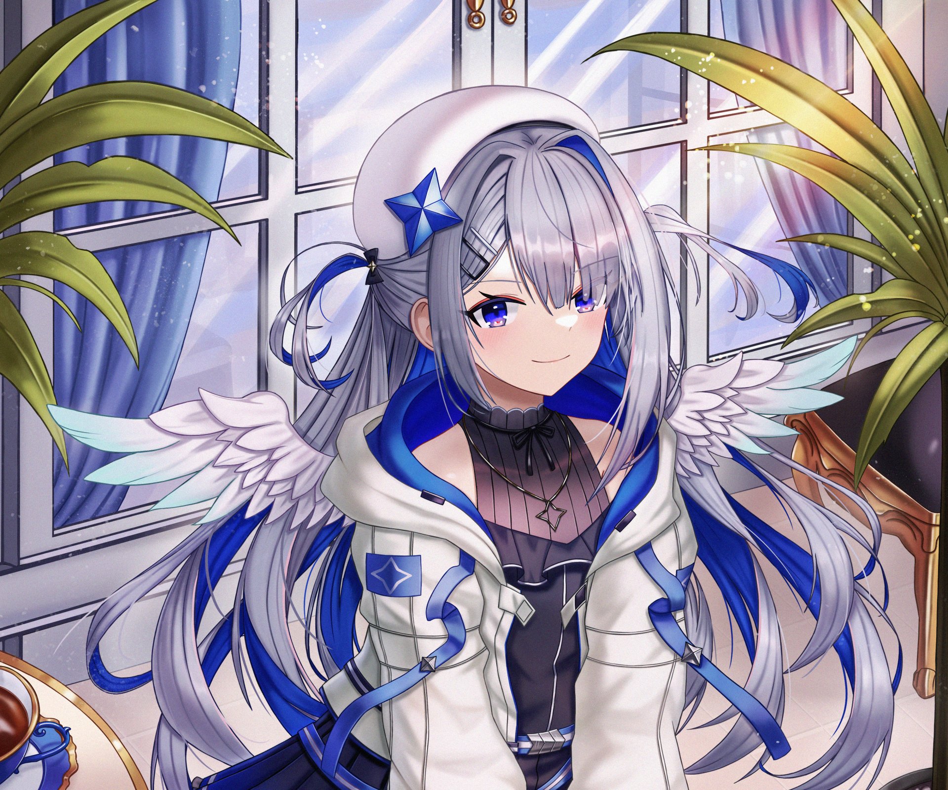 4K Ultra HD anime wallpaper featuring Amane Kanata, a Virtual YouTuber from Hololive, with silver hair, blue eyes, and angelic wings by a window with plants nearby.