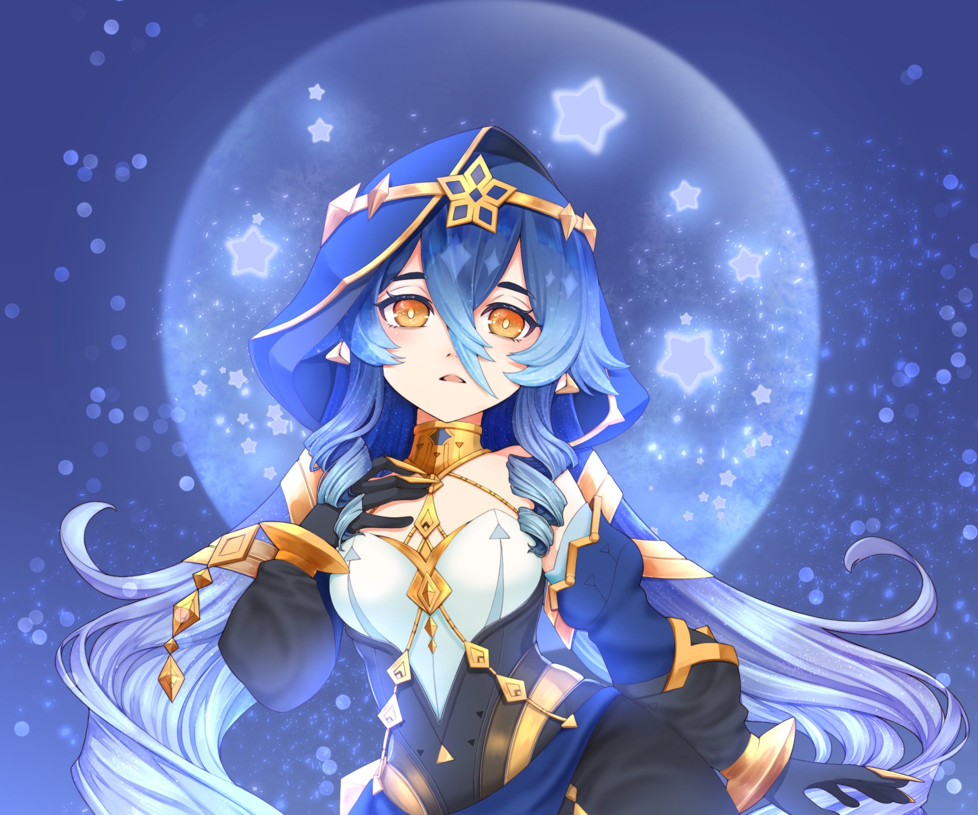 HD PC desktop wallpaper featuring Layla from the video game Genshin Impact, set against a glowing starry background with a full moon.