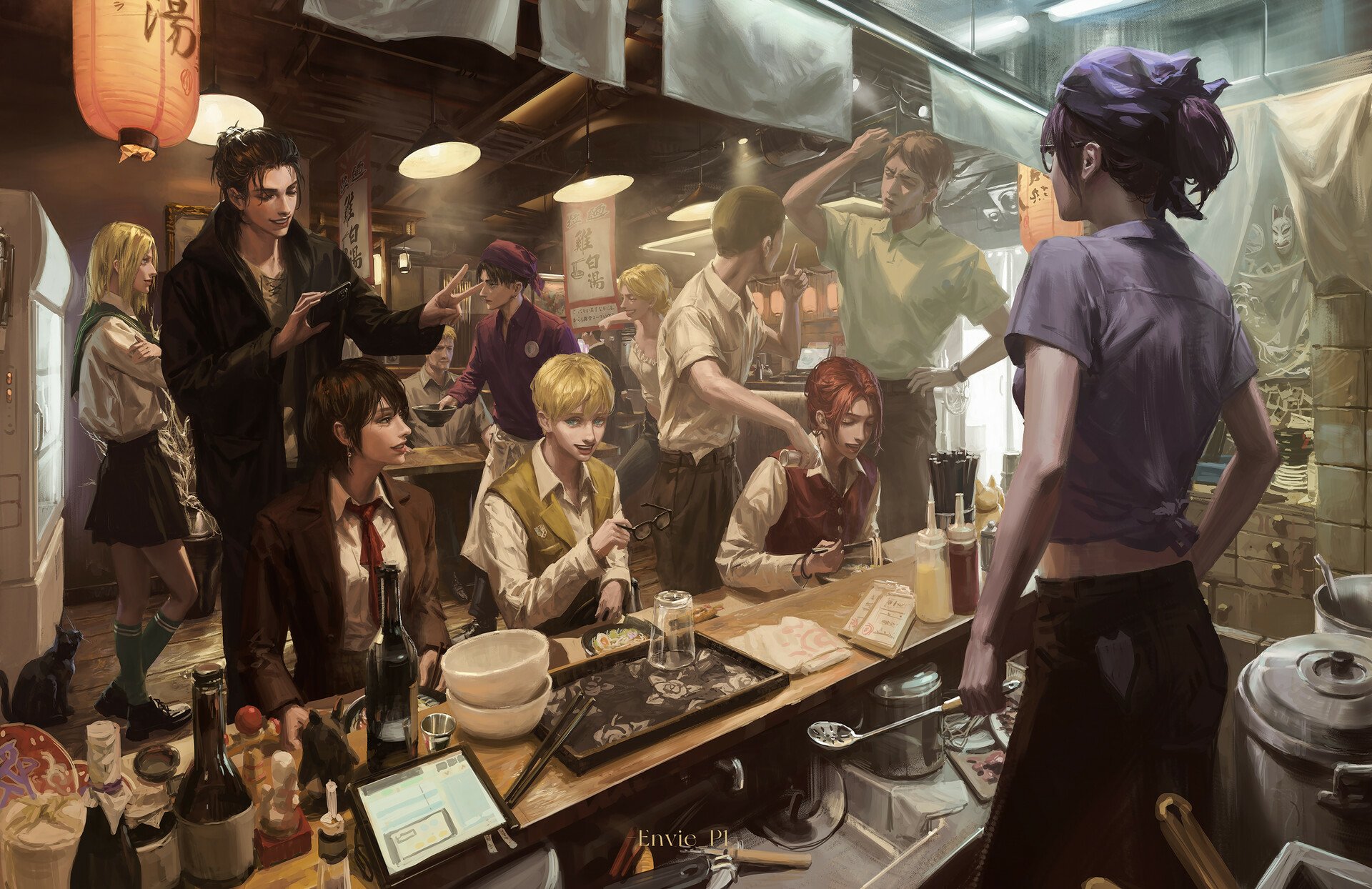 A vibrant HD desktop wallpaper featuring characters from Attack on Titan in a lively setting, showcasing a dynamic scene in a cozy restaurant.