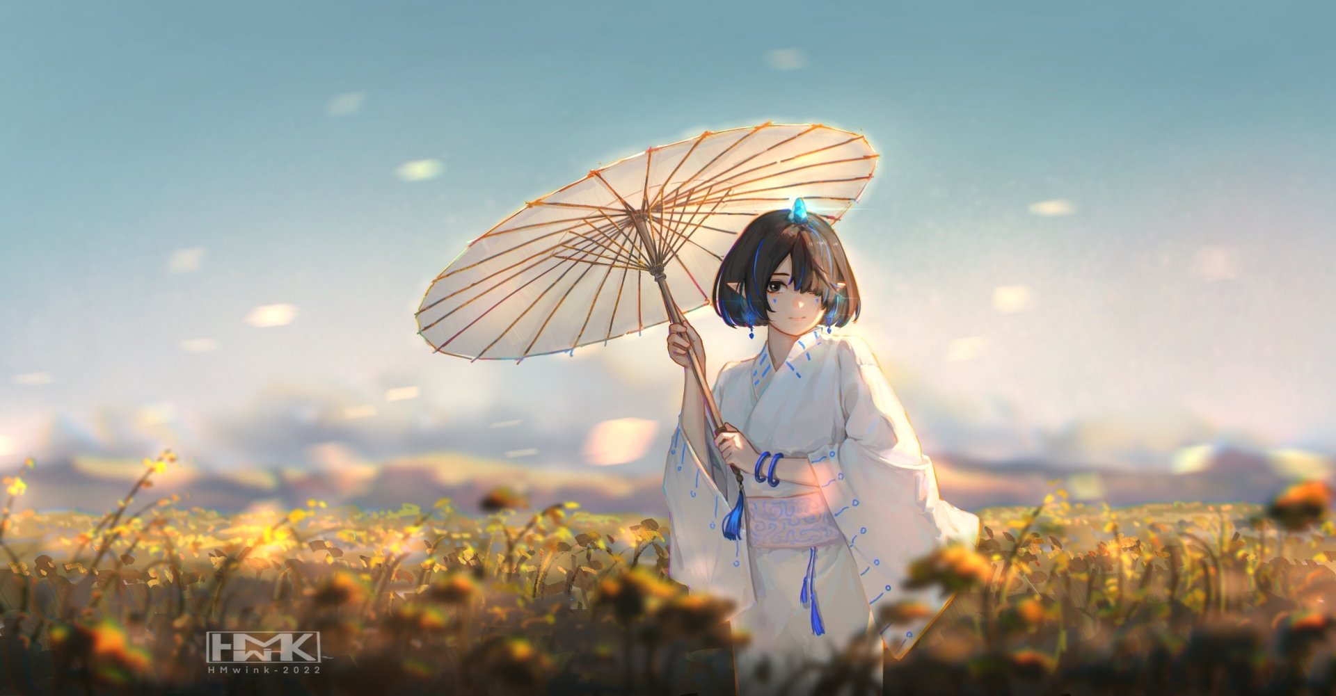 Anime girl in traditional attire holding a parasol, standing in a sunlit flower field, designed as an HD PC desktop wallpaper and background.