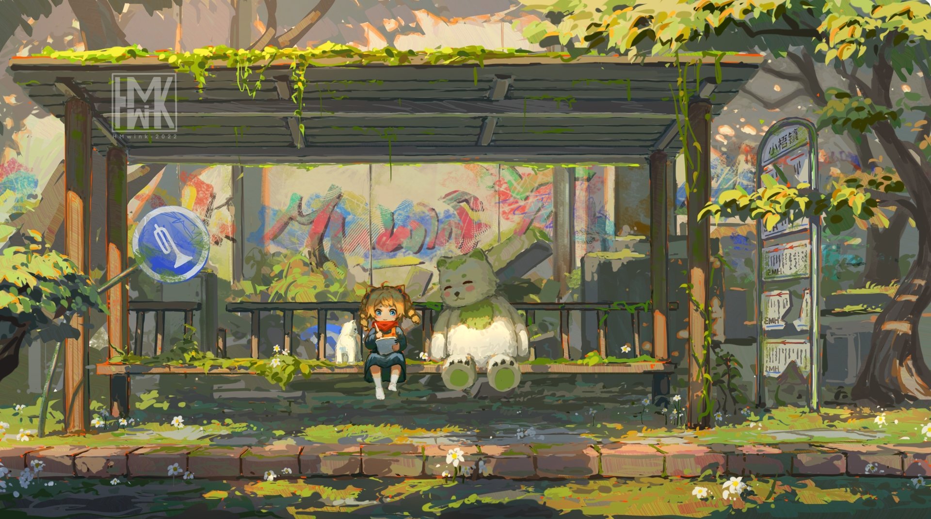 HD anime desktop wallpaper featuring an anime girl sitting next to a large cat-like creature at a vibrant, sunlit bus stop surrounded by greenery and urban art.