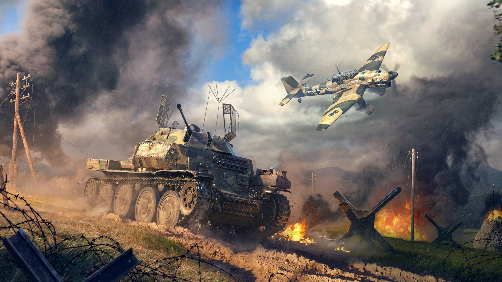 4K Ultra HD PC desktop wallpaper from video game War Thunder: an armored tank advances across a burning, smoke-filled battlefield while a fighter plane swoops overhead.