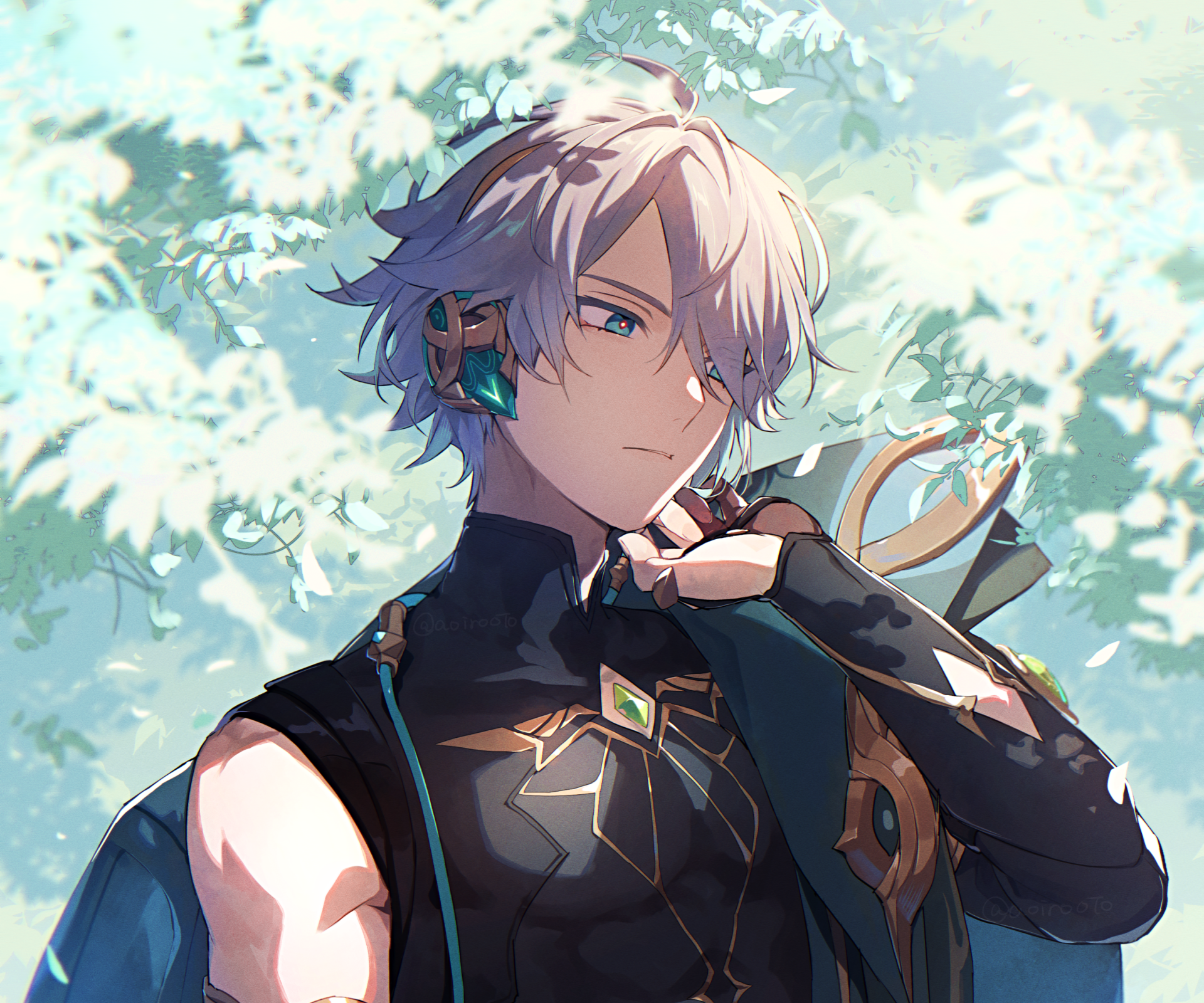 Al‑haitham (Genshin Impact) from the Genshin Impact video game, 2K Quad HD PC desktop wallpaper/background — calm scholar in teal and gold, portrait bathed in dappled light.