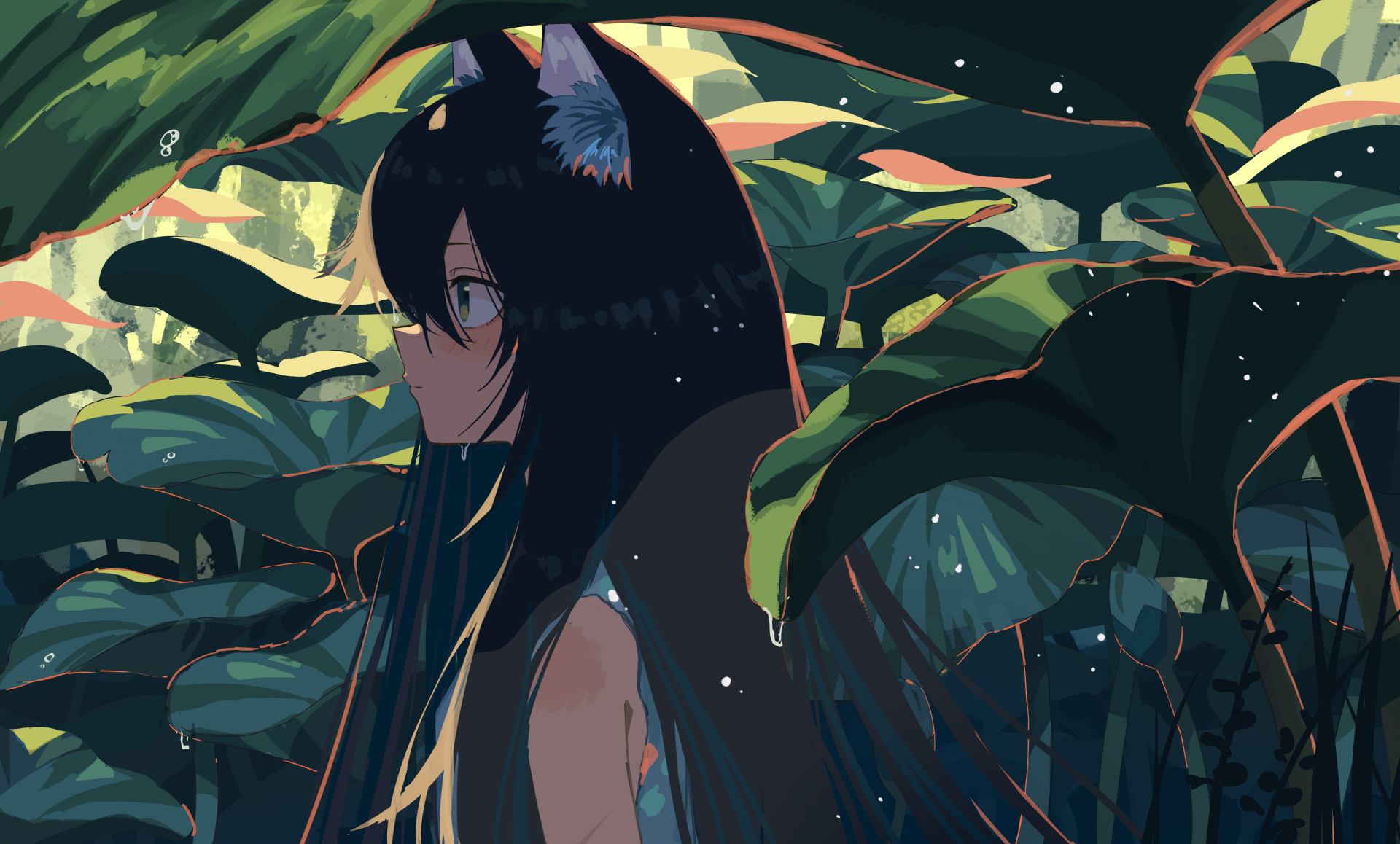 Anime girl with dark hair and cat ears stands amidst lush, oversized leaves in a detailed 4K Ultra HD PC desktop wallpaper background.