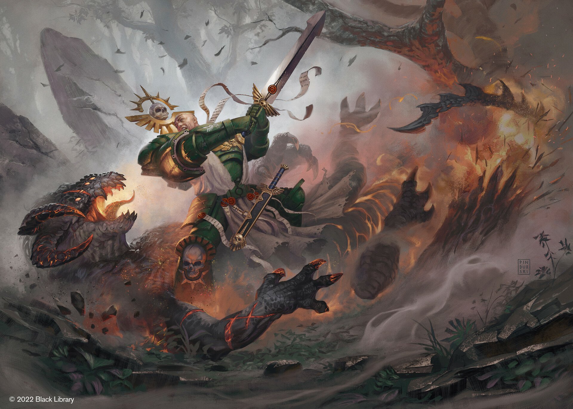 HD PC desktop wallpaper depicting a Warhammer 40k video game scene with a warrior battling monstrous creatures amid a dark, fiery battlefield.