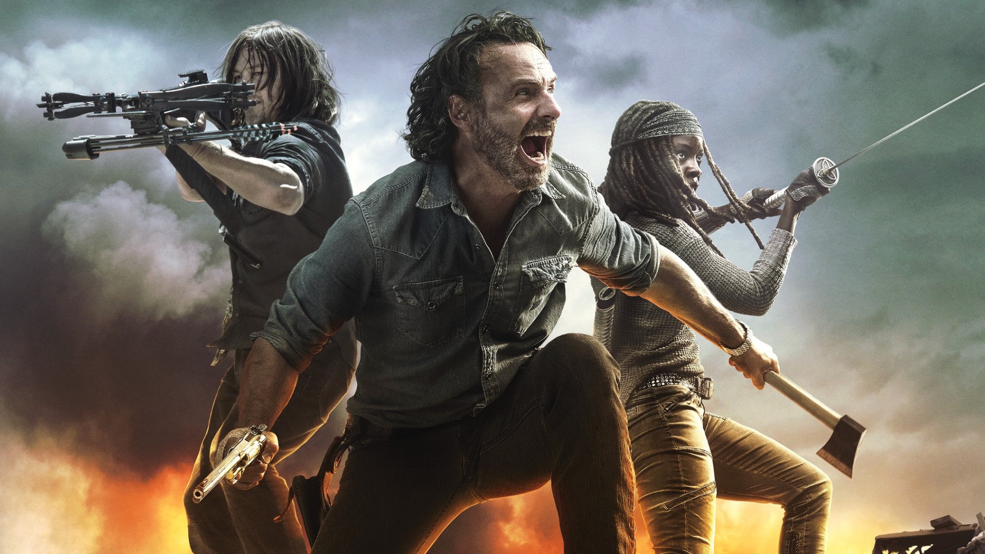 HD PC desktop wallpaper featuring intense characters from the TV show The Walking Dead, armed and ready for battle against a smoky, fiery background.