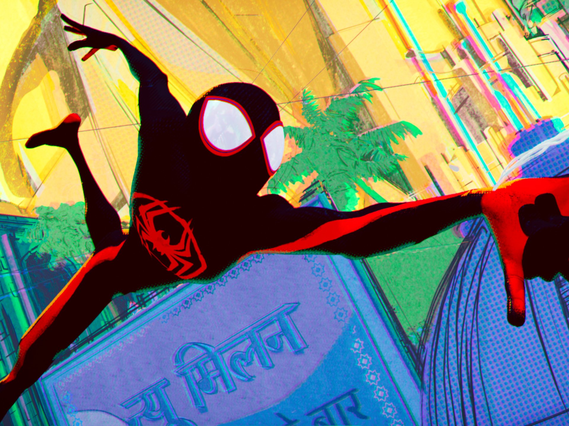 HD PC desktop wallpaper featuring Spider-Man from the movie Spider-Man: Across the Spider-Verse in a dynamic pose with vibrant colors and stylized effects.