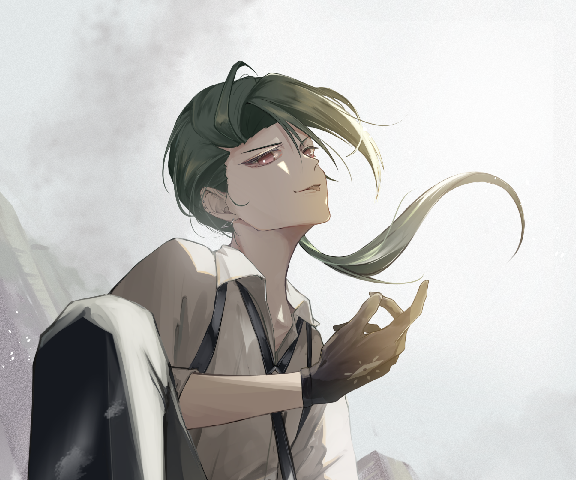 Stylized portrait of a smirking dark-haired trainer with a glove and flowing hair, bathed in soft light and mist — Pokémon: Scarlet and Violet video game artwork, 2K Quad HD PC desktop wallpaper/background.