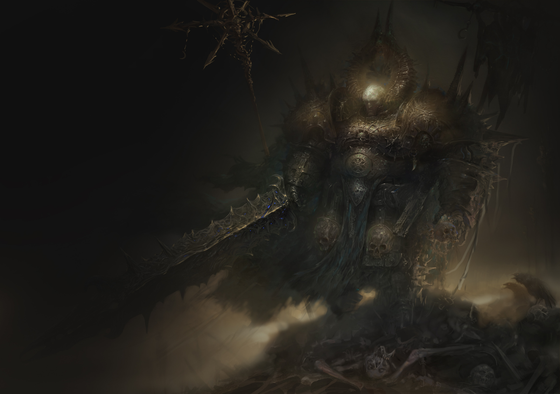 Dark, atmospheric 4K Ultra HD Warhammer 40k desktop wallpaper featuring a colossal, menacing figure shrouded in shadows and mist, evoking a grim video game battlefield.