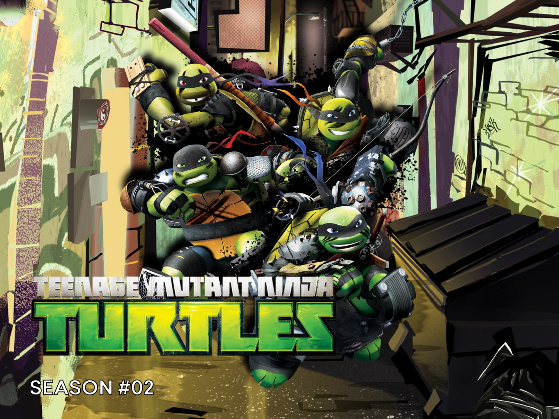 Teenage Mutant Ninja Turtles TV show 2K Quad HD PC desktop wallpaper background: four turtles bursting from a graffiti-covered alley with the series logo in the foreground.