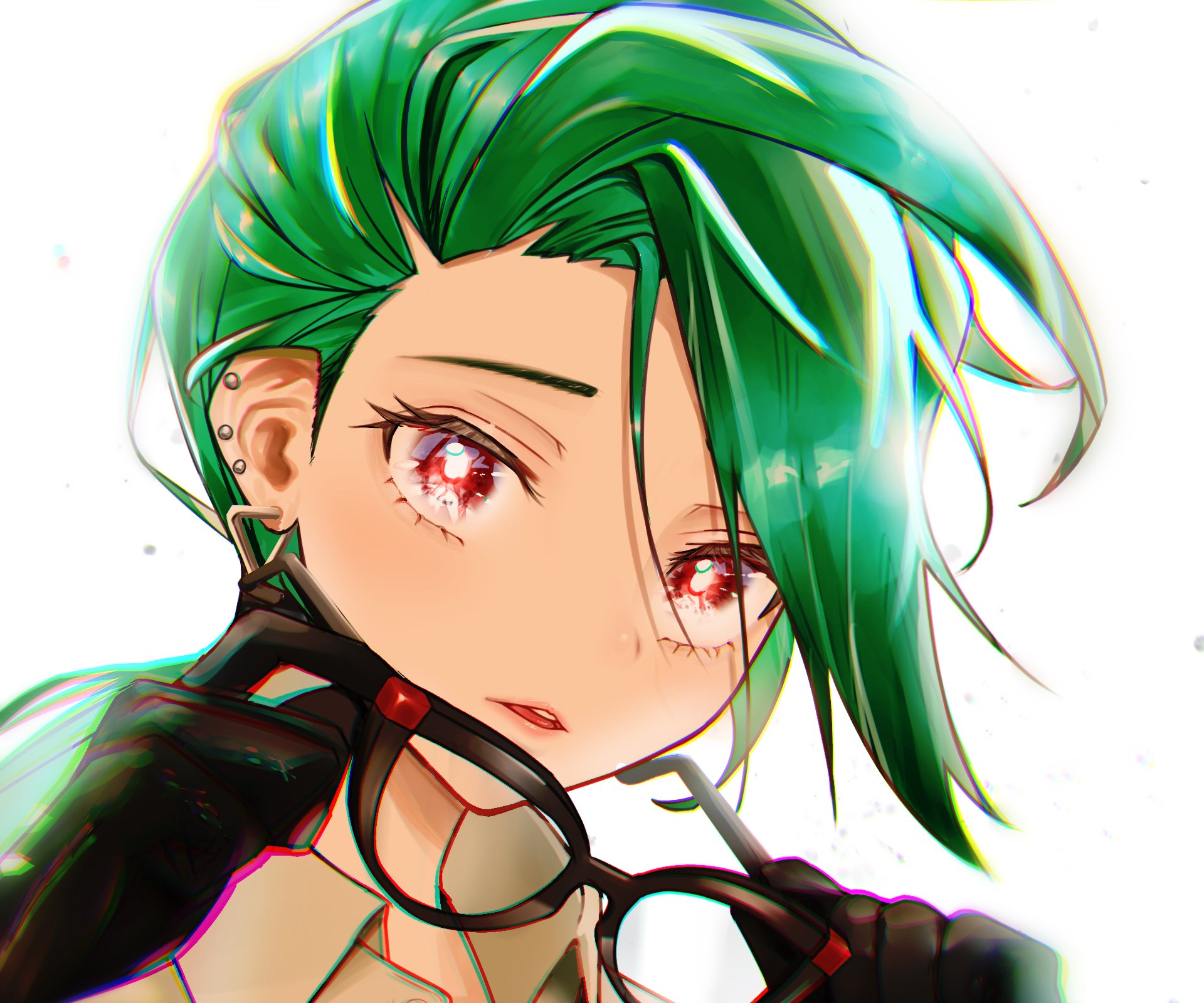 Close-up of a green-haired trainer with red eyes adjusting glasses — stylized HD PC desktop wallpaper/background from the video game Pokémon: Scarlet and Violet.