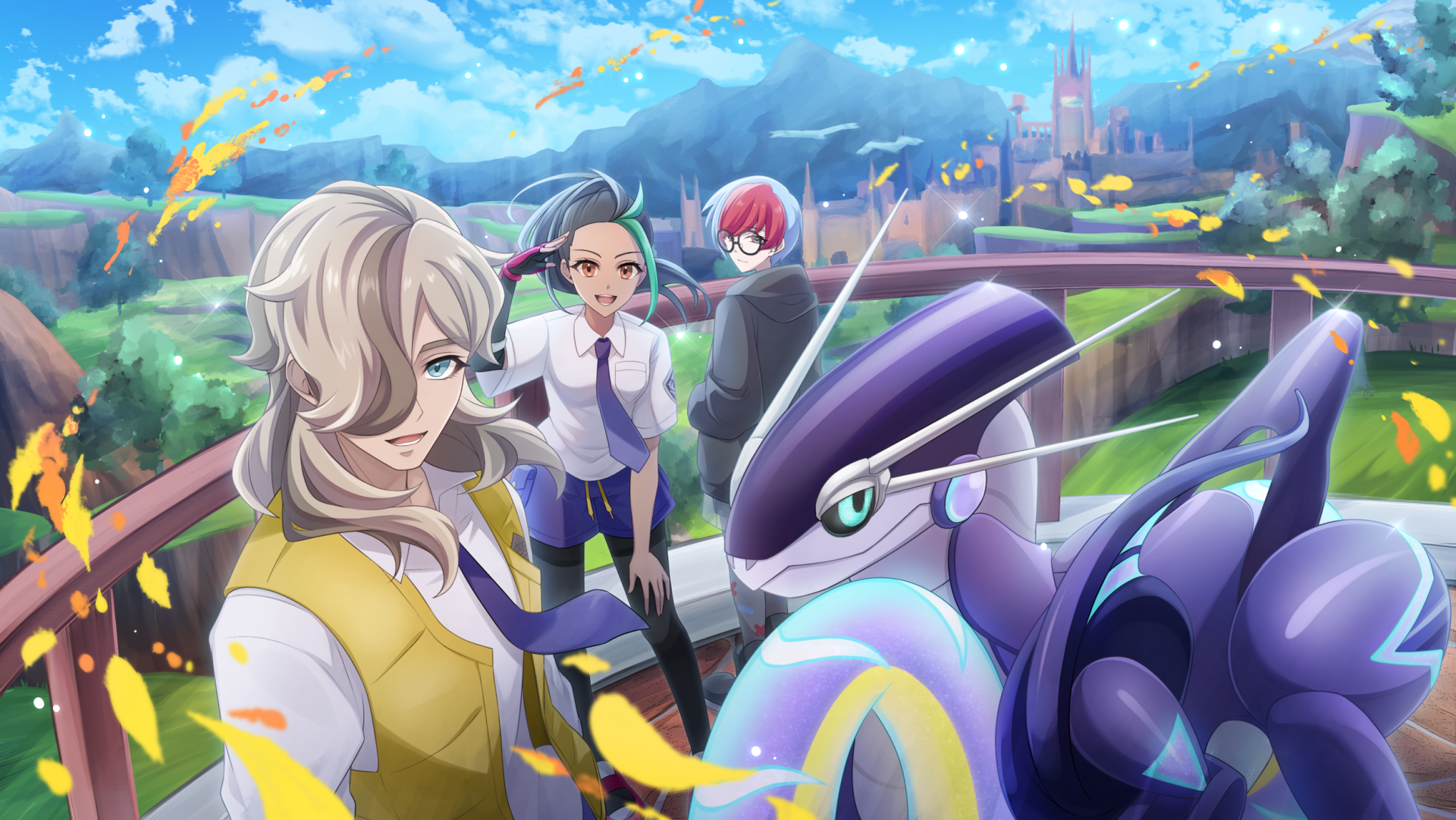 HD PC desktop wallpaper featuring characters and a Pokémon from the video game Pokémon: Scarlet and Violet in a vibrant outdoor setting with a scenic background.