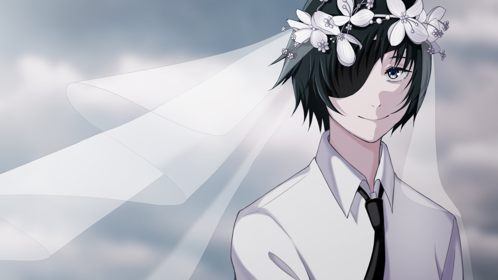 Chainsaw Man's Himeno in a white shirt and black tie, wearing a flower crown and veil against a soft cloudy sky — 2K Quad HD anime PC desktop wallpaper