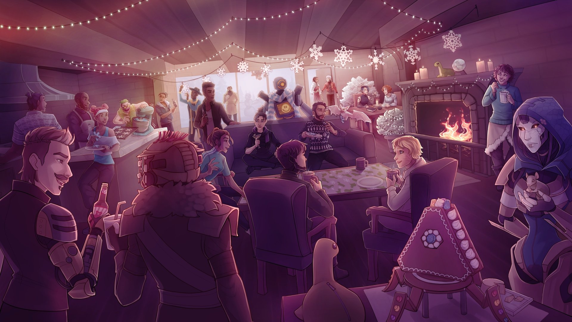 4K Ultra HD Apex Legends PC wallpaper depicting characters gathered in a cozy, festively decorated room with a fireplace and holiday lights.