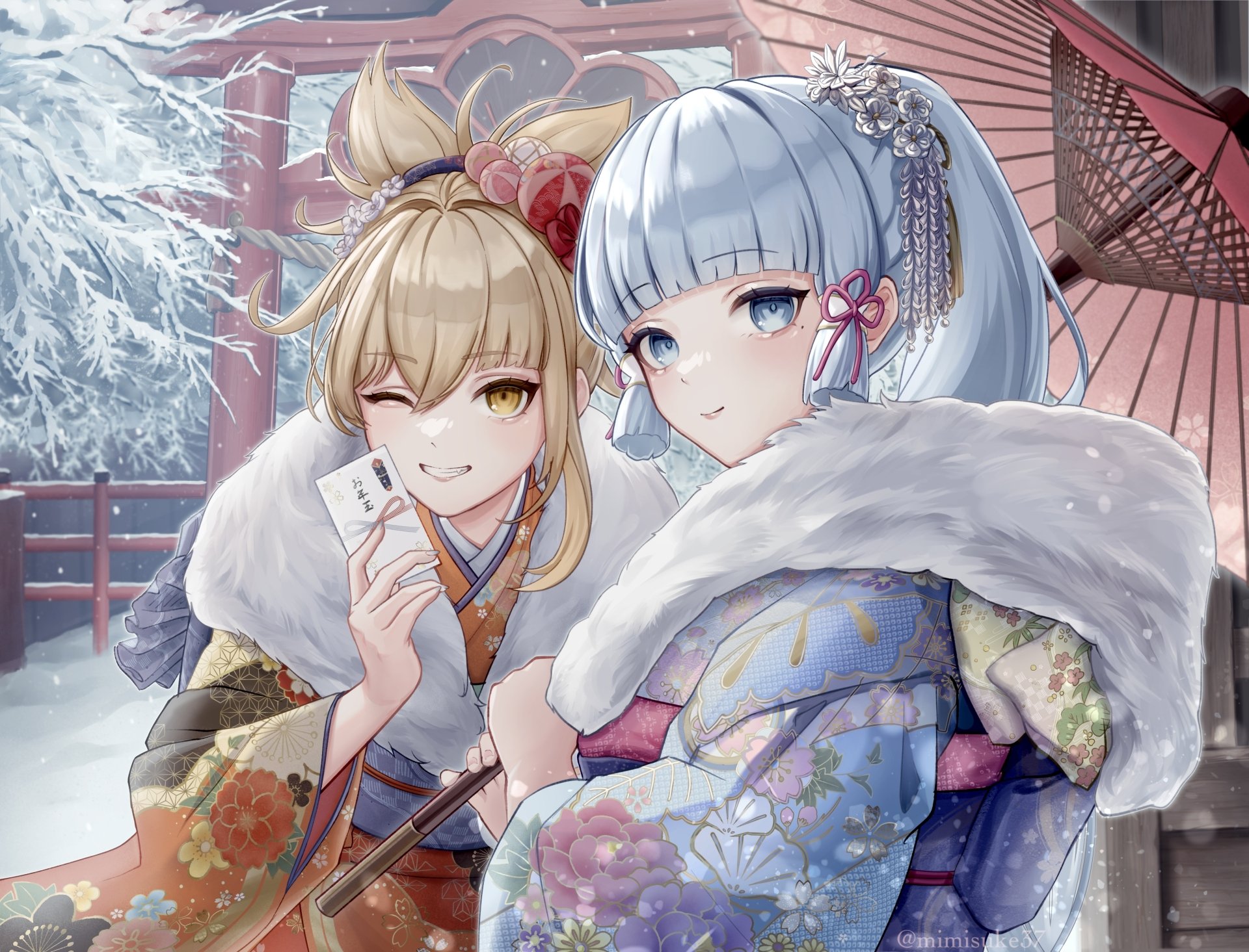 4K Ultra HD PC wallpaper featuring Yoimiya and Kamisato Ayaka from Genshin Impact in elegant winter kimonos with snowy background and traditional Japanese elements.