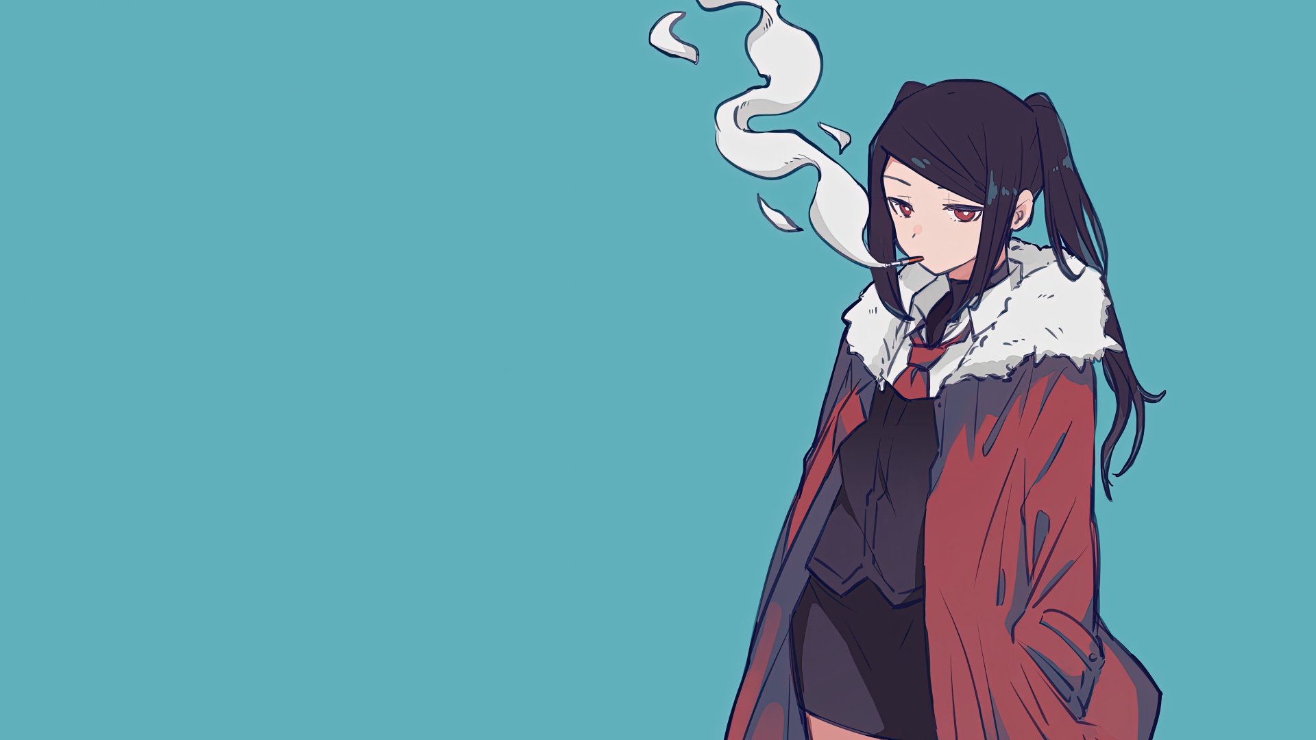 Anime girl with long dark hair and a red coat exhales smoke against a light blue background, rendered in 8K Ultra HD for a striking PC desktop wallpaper.