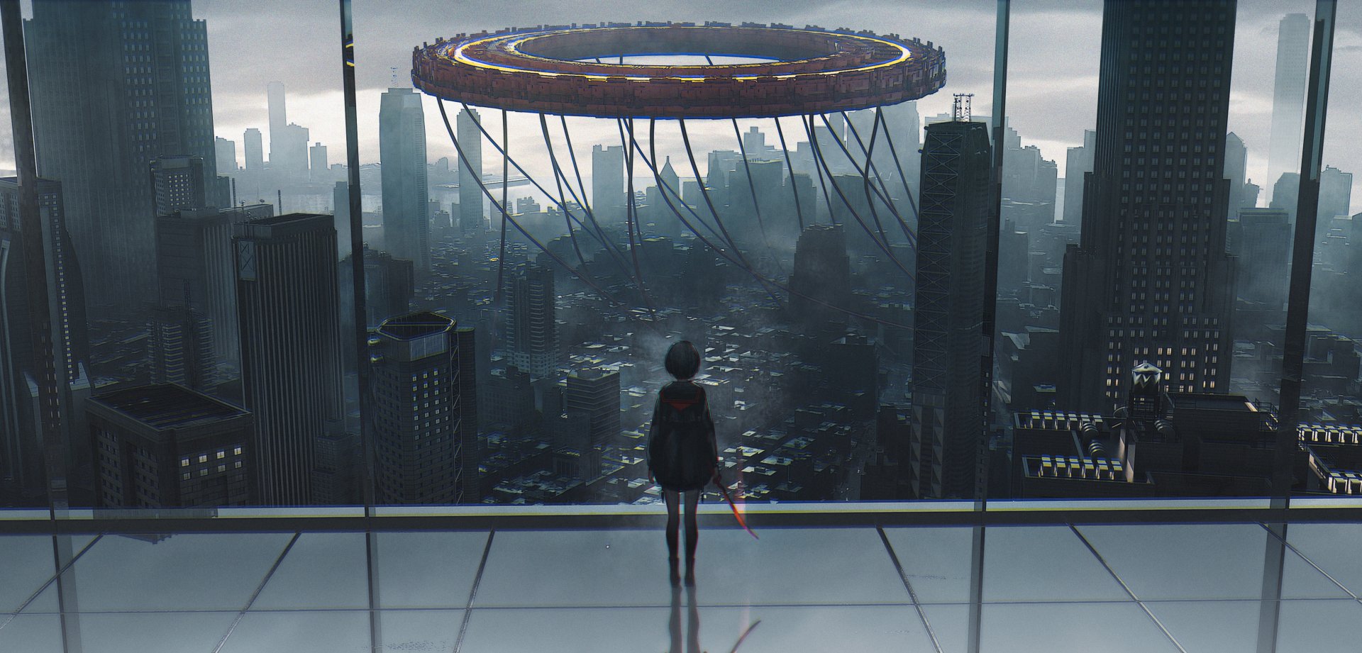 HD anime original wallpaper showing a lone figure gazing out over a futuristic cityscape dominated by a massive floating circular structure.