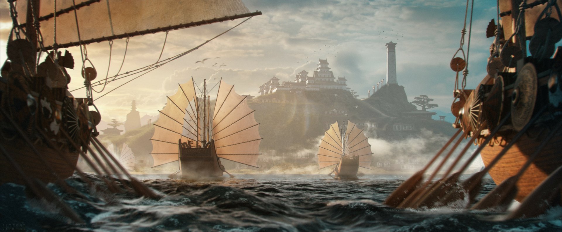 Download Fantasy Ship HD Wallpaper by Florent Vilbert | 3840x1585 ...