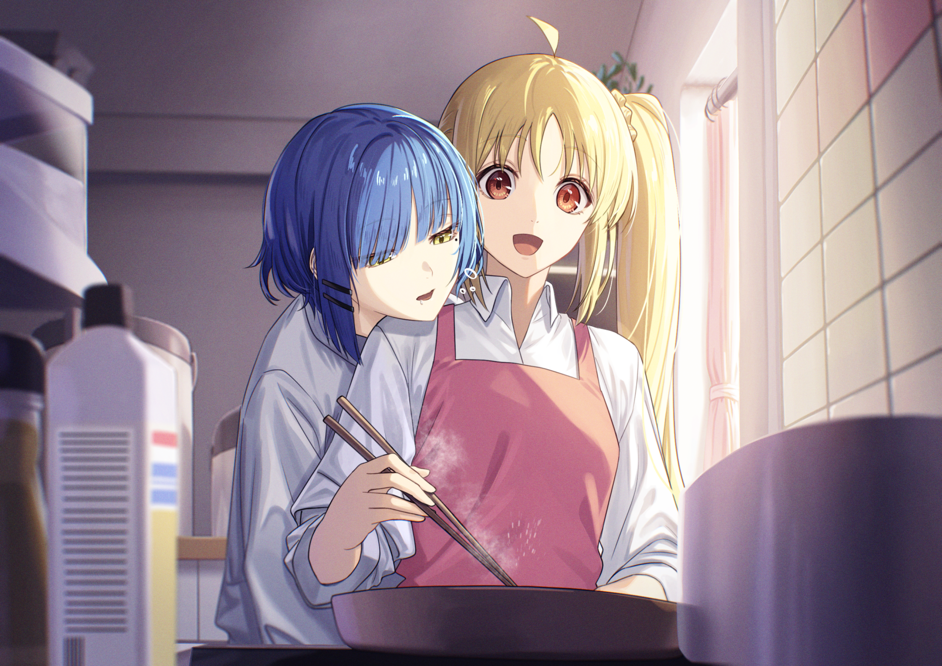 2K Quad HD wallpaper of Bocchi the Rock! characters Nijika Ijichi and Ryou Yamada cooking together in a sunlit kitchen, warm anime art.