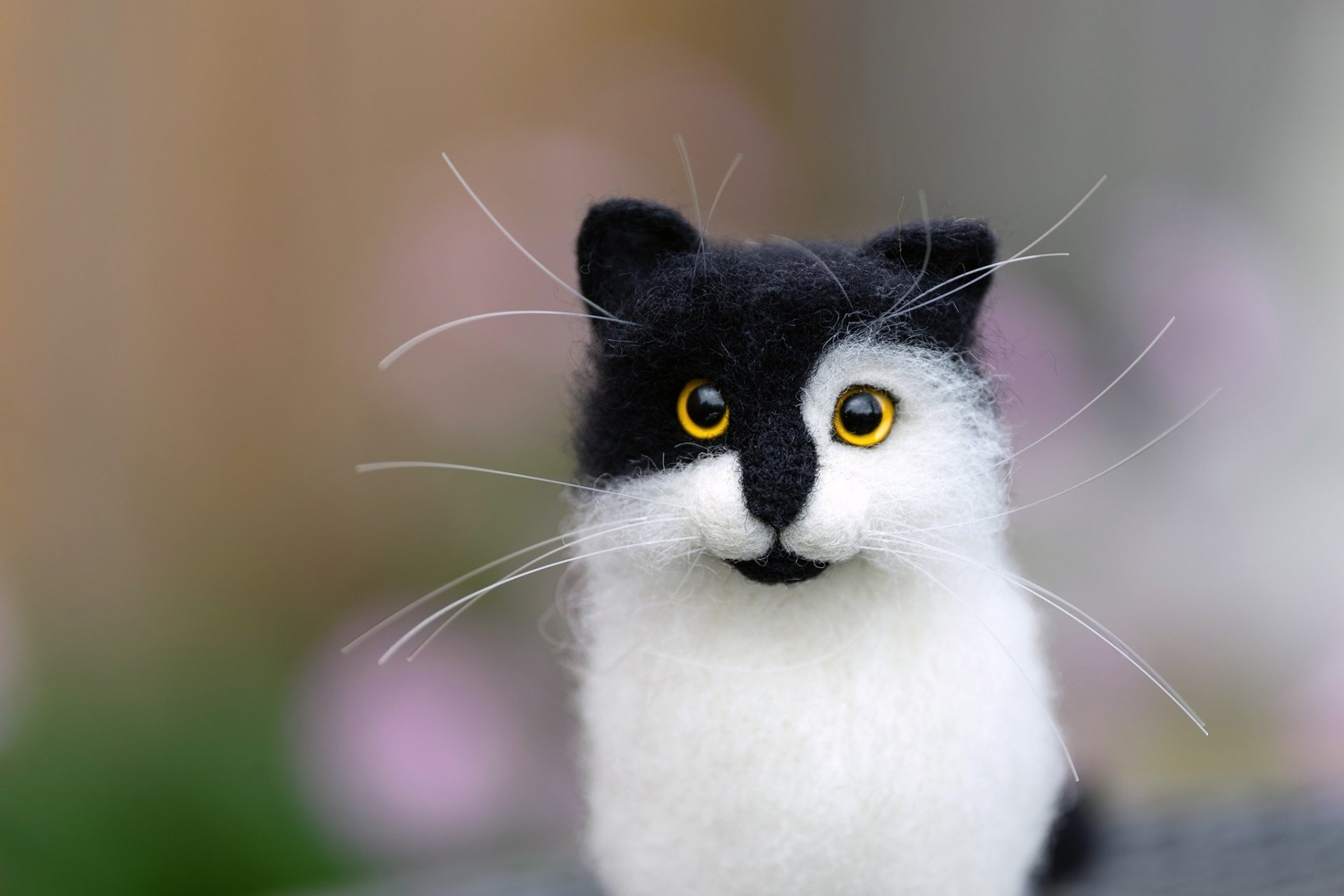 HD PC desktop wallpaper featuring a black and white stuffed cat with striking yellow eyes against a blurred background.