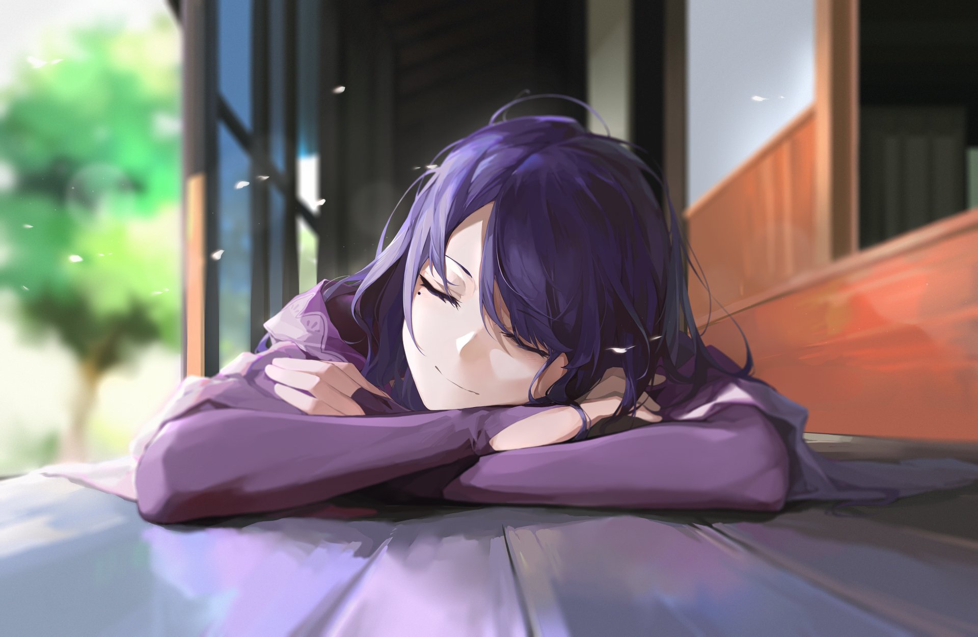 4K Ultra HD PC wallpaper featuring Baal Raiden Shogun from Genshin Impact, depicted resting peacefully in a serene indoor setting with soft natural lighting.