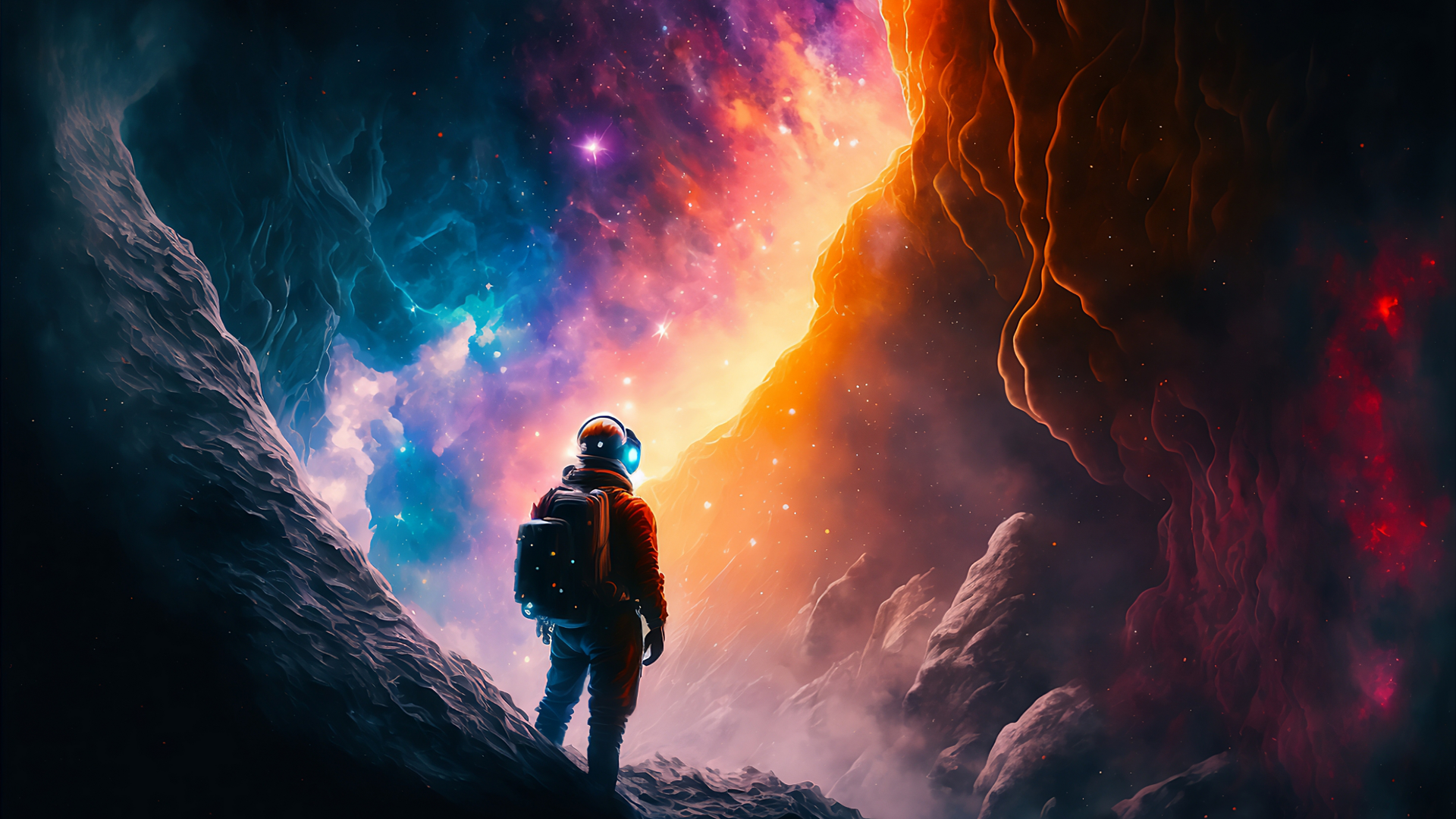 4K Ultra HD PC desktop wallpaper background: futuristic sci‑fi astronaut stands on a rocky canyon rim, gazing into a vivid, colorful cosmic nebula and swirling starfield.