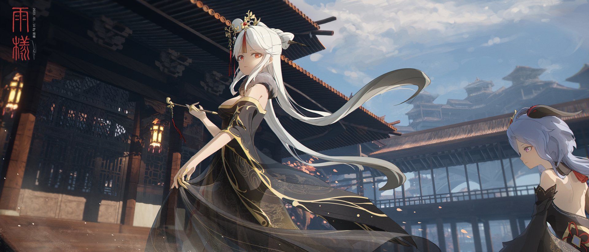 HD PC desktop wallpaper featuring Ganyu and Ningguang from the video game Genshin Impact in an elegant architectural setting under a partly cloudy sky.