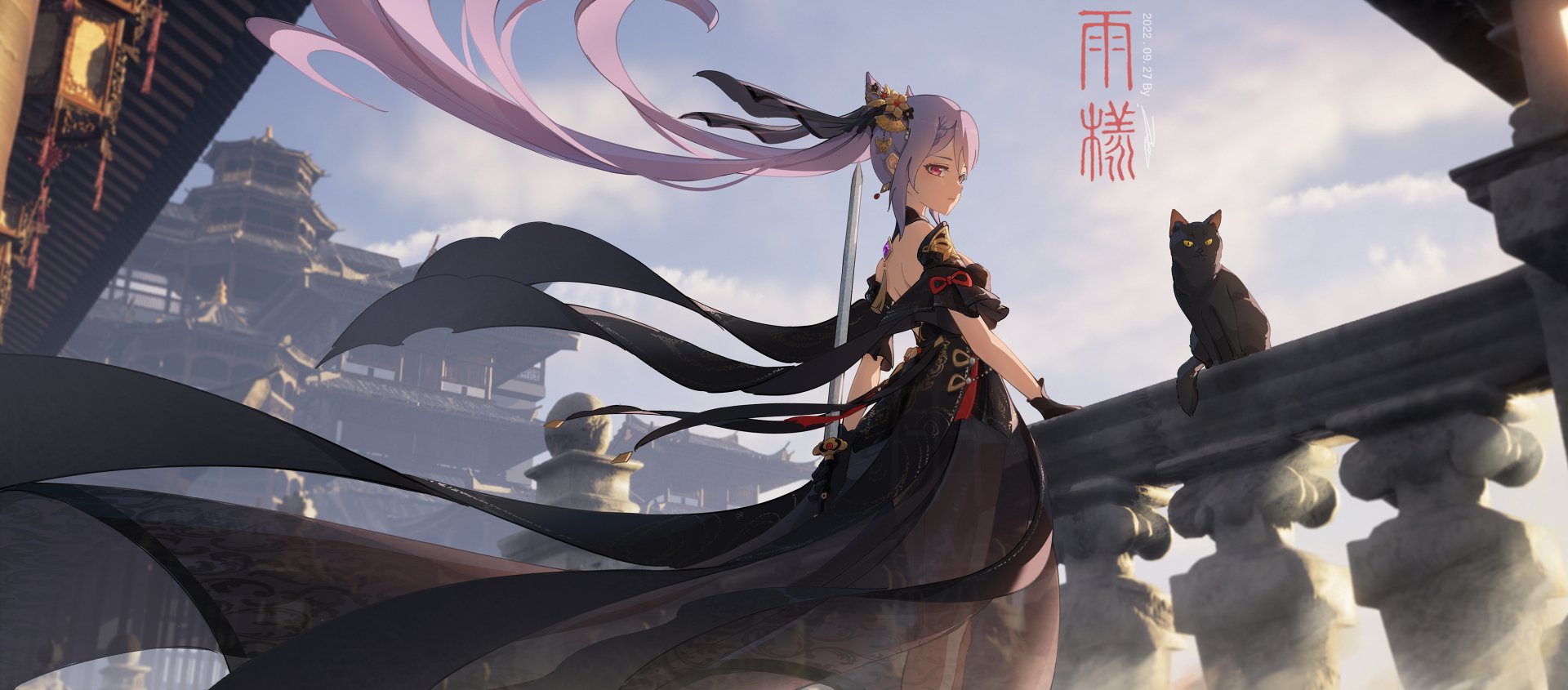 HD PC desktop wallpaper featuring Keqing from the video game Genshin Impact, depicted in an elegant black outfit with flowing ribbons and a black cat by her side.