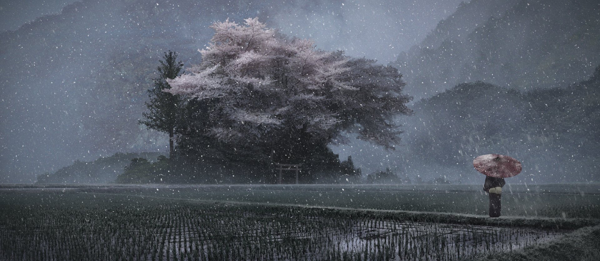 4K Ultra HD anime landscape wallpaper featuring a serene, snowy scene with cherry blossom trees and misty mountains under a starry sky.