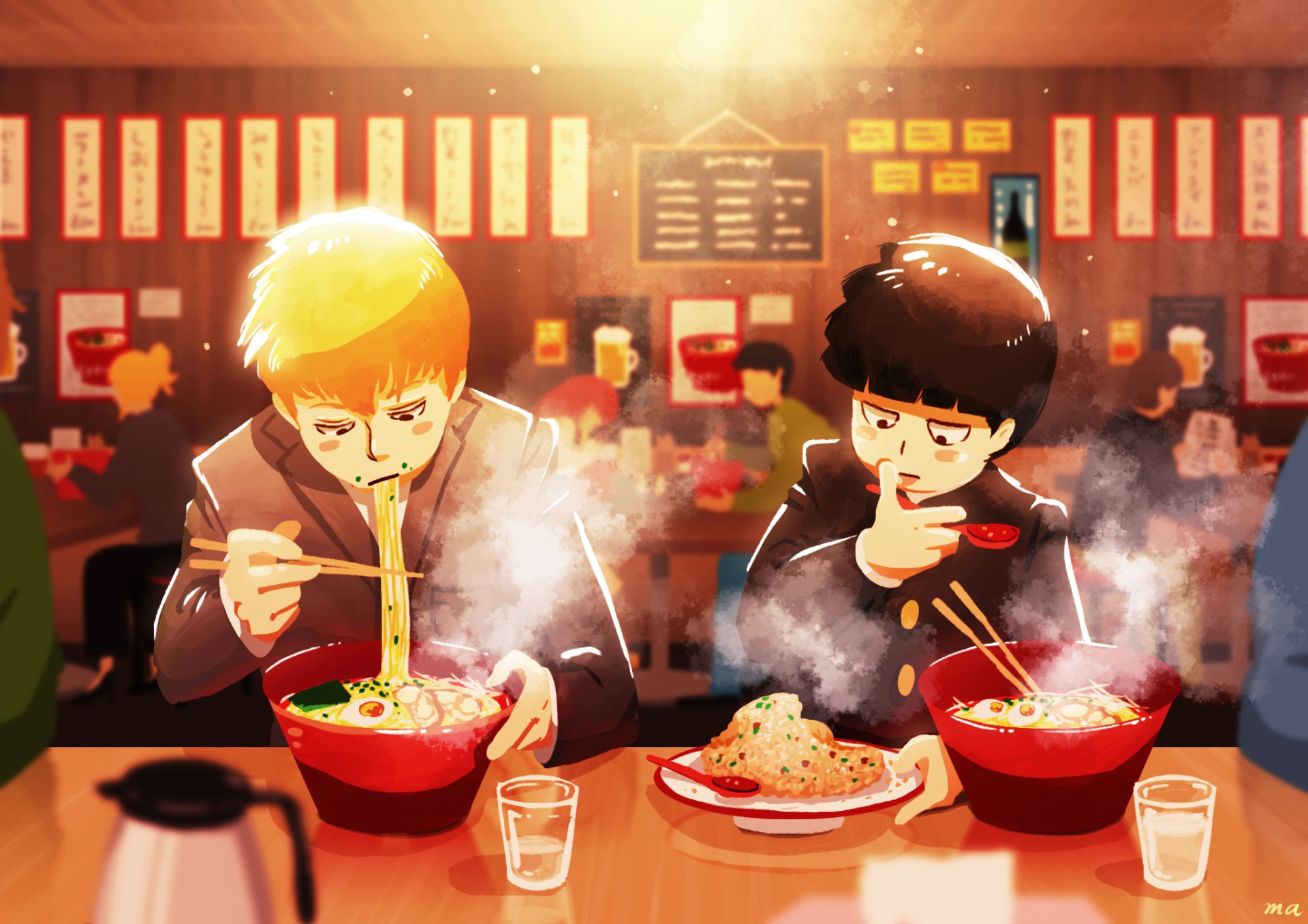 HD anime desktop wallpaper featuring Shigeo Kageyama and Arataka Reigen from Mob Psycho 100 enjoying steaming bowls of ramen in a warmly lit restaurant.