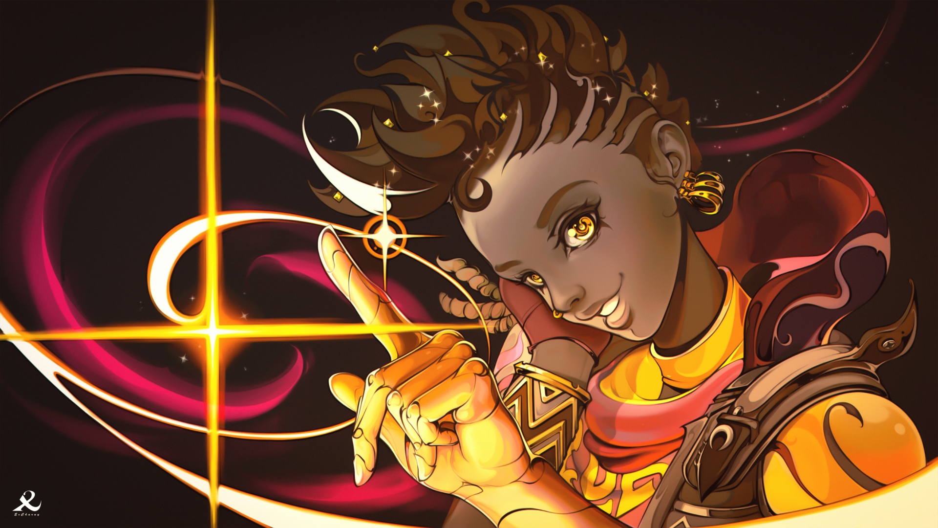 Astra (Valorant) in glowing gold and magenta cosmic swirls — 2K Quad HD PC desktop wallpaper/background for the video game Valorant.