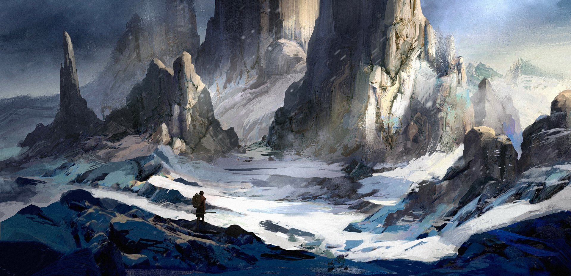 HD fantasy landscape wallpaper featuring a lone figure standing in a vast, rocky, and misty mountainous terrain under a dramatic sky.