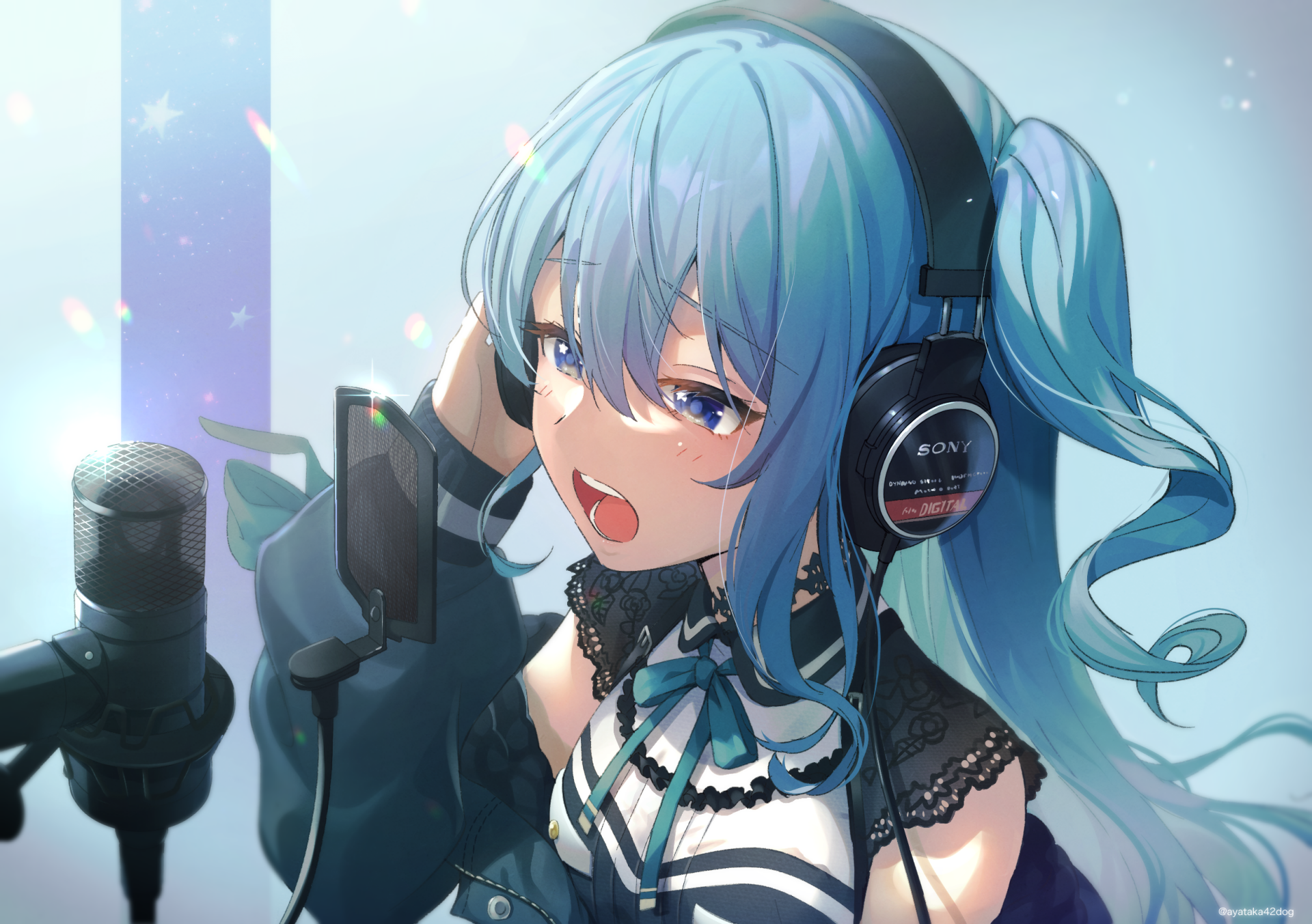 HD anime-style desktop wallpaper featuring Hoshimachi Suisei from hololive as a Virtual YouTuber wearing headphones and singing into a microphone.